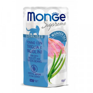 MONGE CAT SUPREME STERILISED konservi kaķiem Tuncis, kefale 80g